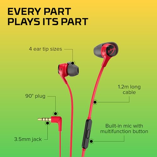 HyperX Cloud Earbuds II – 14mm Drivers, Four Eartips, Hard-Shell Carrying Case, Low-Profile 90° Plug, 3.5mm Plug, Built-in Microphone, Multi-Function Button, PC, Mobile, Nintendo Switch – Red - color: Red