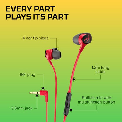 HyperX Cloud Earbuds II – 14mm Drivers, Four Eartips, Hard-Shell Carrying Case, Low-Profile 90° Plug, 3.5mm Plug, Built-in Microphone, Multi-Function Button, PC, Mobile, Nintendo Switch – Red - color: Red