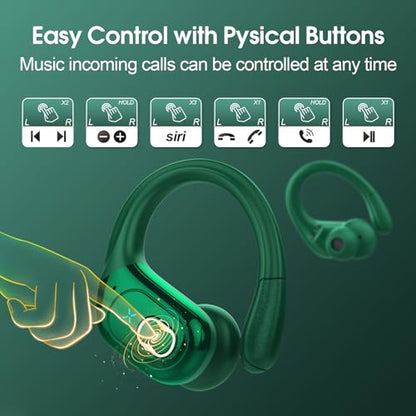 Aptkdoe Wireless Earbuds 75H Bluetooth 5.4 Sport Headphones with Earhooks | IPX7 Waterproof In-ear Buds Feature ENC Noise Cancelling Mic. Stereo Sound Device for Gym Running Workout, Dark Green - color: Dark Green