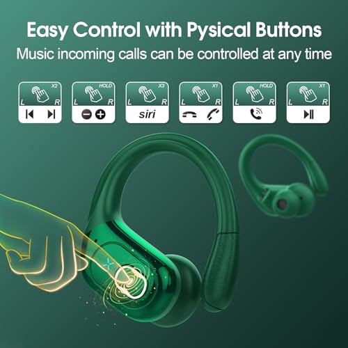 Aptkdoe Wireless Earbuds 75H Bluetooth 5.4 Sport Headphones with Earhooks | IPX7 Waterproof In-ear Buds Feature ENC Noise Cancelling Mic. Stereo Sound Device for Gym Running Workout, Dark Green - color: Dark Green