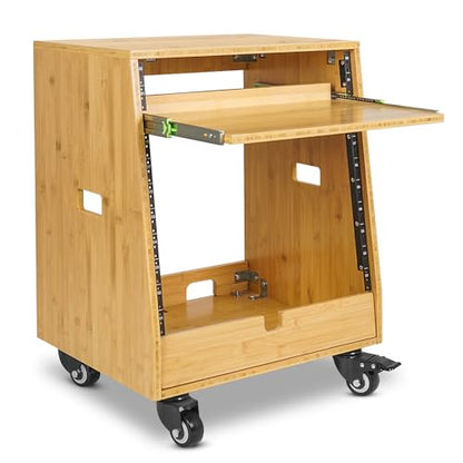 Sound Town DIY Slanted 10U Studio Rack (2U Top + 8U Lower) with Slide-Out Tray, 2U Bottom Storage & Casters, Solid Carbonized Bamboo Audio Equipment Rack for Recording Room & Home Studio (STBR-ST10T) - size: 10U(2U Top + 8U Lower),Carbonized Bamboo