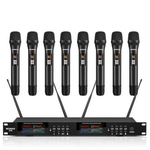 Wireless Microphone System, Pro 8 Channel UHF Mics Set with Metal Cordless Handheld Mics & Receiver, 200 Adjustable Frequency, 300ft Range for Singing, Church, Karaoke, Party - size: 8 Mics