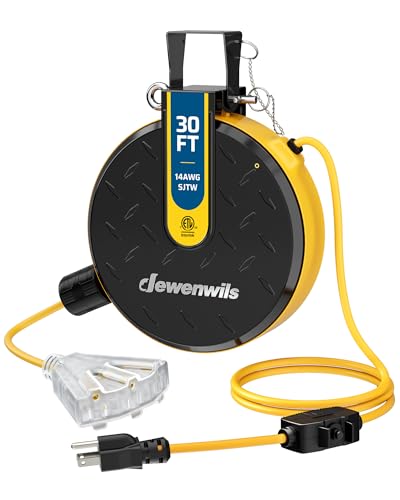 DEWENWILS 30FT Retractable Extension Cord Reel, Ceiling/Wall Mount | 14/3 SJTW Power Cord with 3 Lighted Triple Outlets for Garage Shop, 13 Amp Circuit Breaker, Metal Plate, ETL Listed, Yellow