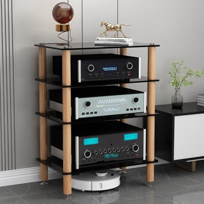 Audio Component Rack, Stereo Rack with 8mm Tempered Glass Shelves, Solid Wood Columns & Anti-Vibration Metal Feet for Power Amplifier, Stereo Receiver, Turntable & AV Equipment(Black,4 Tier) - color: Black, size: 4 Tier