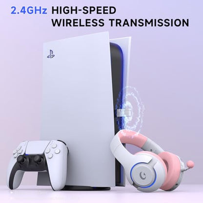 syndesmos Wireless PS5 Headset, 2.4GHz Gaming Headset for PS5, PC, Switch, Bluetooth 5.3 Headphones with Noise Canceling Mic, 7.1 Surround Sound, Low-Latency, 45H Battery, Pink - color: Pink