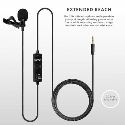 Movo LV1-USB Lavalier Microphone for Camera, Lapel for iPhone and Android Smartphones, Body Lav Mic, Clip On Microphone for 3.5mm, Shirt Lapel Mic for Phone, GoPro, Interview, Computer, PC