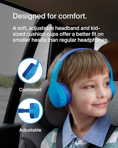 Belkin SoundForm Mini Bluetooth Kids Headphones with Case, 30H Battery Life | Toddler headphones with Case, 85dB Volume Limit, Built-in Mic, Wired Connection Option, iPad, Android Tablet, School, Travel - color: Blue, style: Wireless (USB-C) + Case