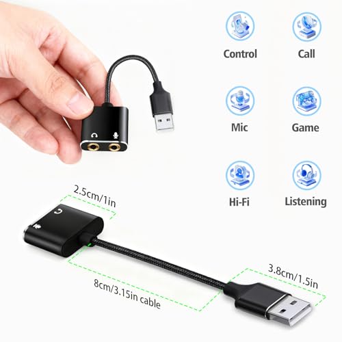 USB to 3.5mm Audio Adapter, External Sound Card with Headphone, Microphone Jack for Windows, Mac, Linux, PS4, PS5(Black) - color: Black