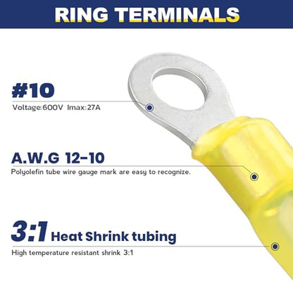 haisstronica 100PCS Heat Shrink Ring Terminals, 12-10 AWG, #10, Yellow | Battery and Ground Stud Connections, 1.0 mm Copper Barrel, 3:1 Adhesive-Lined Seal, Automotive Wiring Repairs, Ring Connector - color: Yellow, size: Ring #10