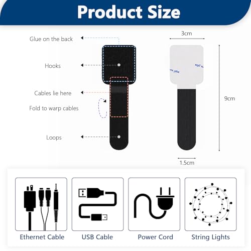 Abnii 50 PCS Hook and Loop Cable Ties, Under Desk Cable Management, Black - color: Black