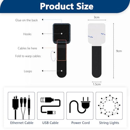 Abnii 50 PCS Hook and Loop Cable Ties, Under Desk Cable Management, Black - color: Black