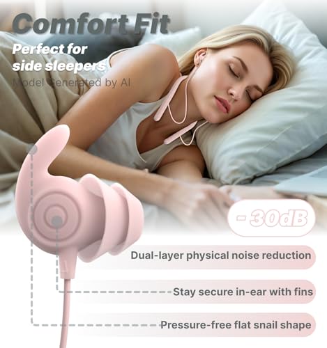 Hmusic HS88 Sleep Earbuds for Side Sleepers, 30dB Noise Isolation | Ultra-Thin Silicone, 12H Playtime with Sleep Timer, Secure Fit Neckband Headphones for Yoga, Travel, Audiobooks & Meditation - color: Pink