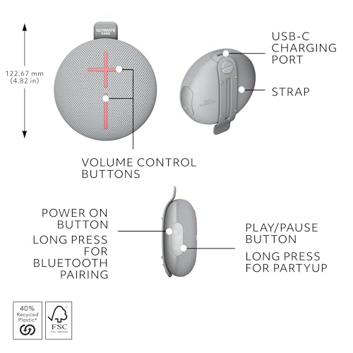Ultimate Ears MINIROLL Waterproof Bluetooth Speaker - Revive Grey | Balanced bass, dustproof, 131 ft (40 m) range - color: Grey