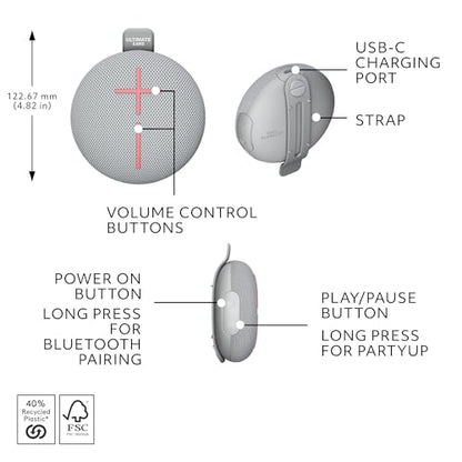 Ultimate Ears MINIROLL Waterproof Bluetooth Speaker - Revive Grey | Balanced bass, dustproof, 131 ft (40 m) range - color: Grey