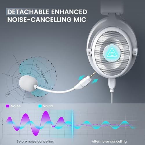 EKSA USB Gaming Headset for PC, Computer Headphones with Detachable Noise Cancelling Microphone, 7.1 Surround Sound, 50MM Driver, Wired Headset with Mic for PS4/PS5, Xbox One, Laptop, Work - color: Wired White
