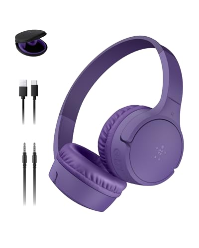Belkin SoundForm Mini Bluetooth Kids Headphones with Case, 30H Battery Life | Toddler headphones with Case, 85dB Volume Limit, Built-in Mic, Wired Connection Option, iPad, Android Tablet, School, Travel - color: Purple, style: Wireless (USB-C) + Case