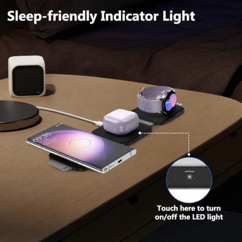Travel Charger for Samsung Multi Devices, Foldable 3 in 1 Wireless Charging Station Fast Charging Stand/Pad Compatible for Samsung Galaxy S26/S25/S24/S23/S22/Note20 Galaxy Watch8/7/6/5/4/Galaxy Buds4 - color: black grey