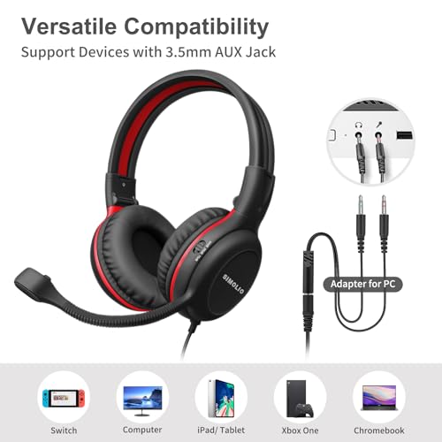 SIMOLIO Wired Headphones for School with Microphone, Stereo Kids Headphone with Flexible Swivel Boom Mic for Student K12 & Teacher & E-Learning, 3 Levels Volume Limiter Gaming Headsets for Boys, Girls - color: Black