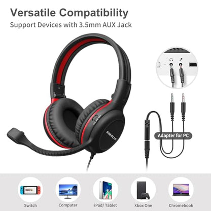 SIMOLIO Wired Headphones for School with Microphone, Stereo Kids Headphone with Flexible Swivel Boom Mic for Student K12 & Teacher & E-Learning, 3 Levels Volume Limiter Gaming Headsets for Boys, Girls - color: Black