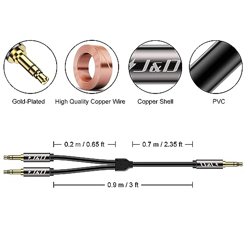 J&D Airplane Airline Flight Cable for Headphones, 3.5mm 1/8 inch TRS Male to Dual 3.5mm 1/8 inch TS Male Gold Plated Copper Shell Heavy Duty, 3 Feet - size: 3 Feet