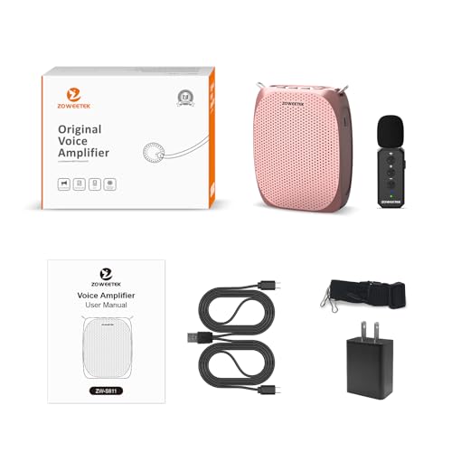 ZOWEETEK Wireless Voice Amplifier with Lavalier Mic for Teachers | Lapel Clip Mic, Portable Speaker, Mini Design, for Speech, Meeting, Yoga, Classroom, Rechargeable - color: Rose gold