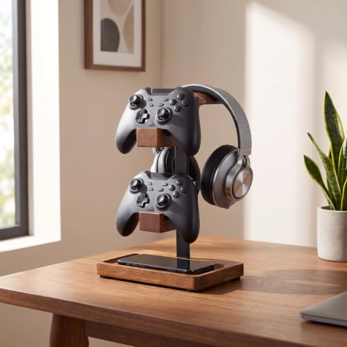 Headphone Stand with Controller Holder, Light Walnut - color: Light Walnut
