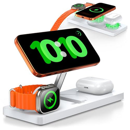 Foldable 3-in-1 Wireless Charging Station for Apple Magsafe Charger Stand, Travel-Friendly Fast Magnetic Wireless Charger Station for iPhone 17/16/15/14/13/12, Apple Watch & AirPods Series, White - color: White