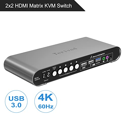 2 Computers 2 HDMI Monitors Matrix Automatic KVM Switch 4K@60Hz, Hotkey Switching, EDID, Digital Display and Aluminum Shell, USB 3.0 Hub Audio Microphone with Cables - style: 2 PCs 2 HDMI Monitors Matrix