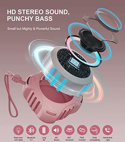 comiso Shower Bluetooth Speaker, IPX7 Waterproof Speaker with LED Light | Portable Speaker with Punchy Bass and Loud HD Sound, Floating, Lanyard, 2000mAh for Travel, Beach, Kayak, Gift for Men, Women - color: Rose Gold