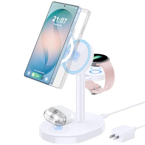 Hevanto 3 In 1 Wireless Charger for Samsung Galaxy, 15W Magnetic Super Fast Charging Station for MagSafe Samsung Galaxy S26 Ultra S25 S24 S23 Z Fold Flip Series Watch 8 7 Buds, Not for Watch 9/Ultra 2 - color: Classic White