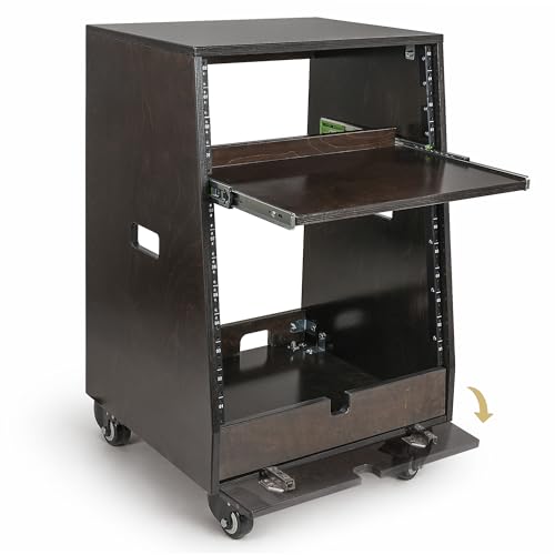 Sound Town DIY Slanted 12U Studio Rack (4U Top + 8U Lower) with 2U Bottom Storage, Slide-Out Tray, Casters, for Home Studio and Recording Room, Birch Plywood, Black Espresso (SDRK-ST12TD) - size: 12u(4u Top + 8u Lower),Black Espresso