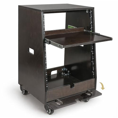Sound Town DIY Slanted 12U Studio Rack (4U Top + 8U Lower) with 2U Bottom Storage, Slide-Out Tray, Casters, for Home Studio and Recording Room, Birch Plywood, Black Espresso (SDRK-ST12TD) - size: 12u(4u Top + 8u Lower),Black Espresso