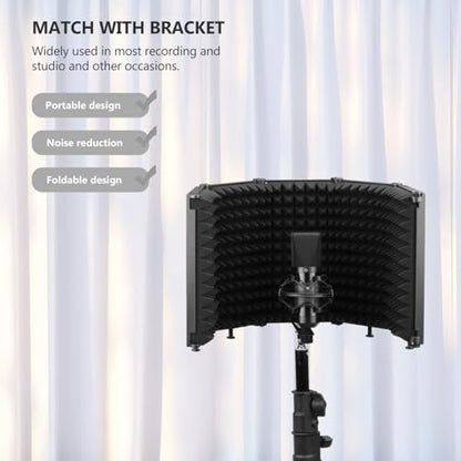 Cabilock Portable Folding Microphone Isolation Shield with Three Panels Combination and Adjustable Angle, Black Mic Windproof Sound Absorber Panel for Studio and Personal Recording