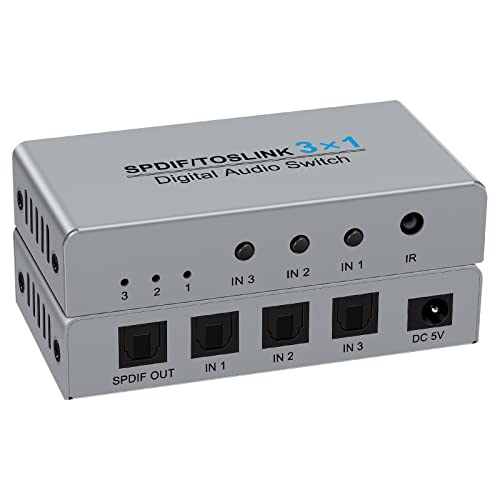 3 Port Digital Toslink Optical Fiber Audio Switch Splitter 3X1 (3 in 1 Out),3 Port Spdif Toslink Optical Switch for TV PS5 PS4 PS3 Xbox Blue-Ray DVD HDTV with Optical Cable