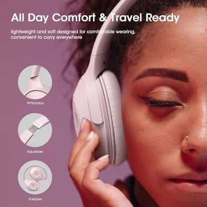 DOQAUS Bluetooth Headphones Over Ear, 70H Playtime,3 EQ Modes, with ENC Mic | 70 Hours Playtime, HiFi Stereo Sound, Deep Bass, Memory Foam Earpads, Headphones Wireless for Phone PC Travel Home Office - color: Pink