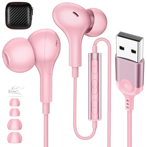 USB Earbuds with Microphone for PC Laptop,Wired USBA Headset,Pink | in Ear Buds Noise Isolating Light Laptop Earphones,Headphones with Mic for Dell HP Computer PC Office Zoom Work Gaming School - color: Pink