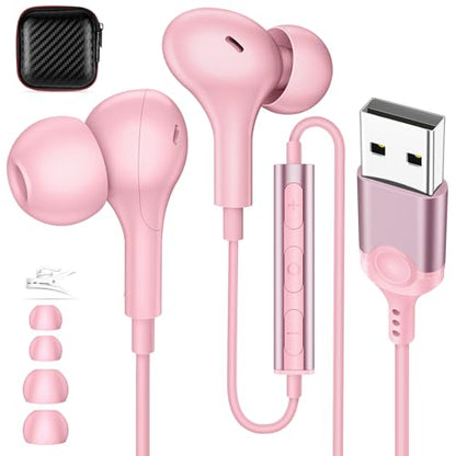 USB Earbuds with Microphone for PC Laptop,Wired USBA Headset,Pink | in Ear Buds Noise Isolating Light Laptop Earphones,Headphones with Mic for Dell HP Computer PC Office Zoom Work Gaming School - color: Pink
