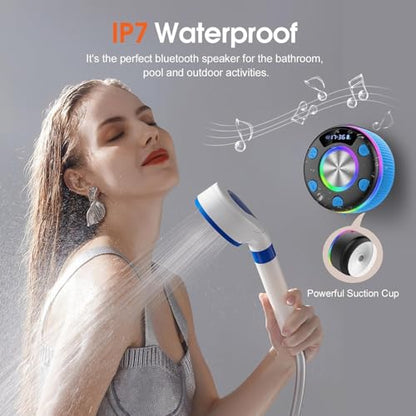 Bluetooth Shower Speaker, IP7 Waterproof Portable Bluetooth 5.3 Speakers with Suction Cup, Mini Wireless Speaker with RGB Lights Time Display, Loud Stereo Sound for Bathroom Beach Outdoor Party, Azure - color: Azure