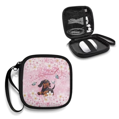 Cherry Blossom Dachshund Carrying Earphone Case Pouch Storage Bag Earbud Holder Mini Pouch Headset Storage Case Bags for Headphone, Bluetooth - color: Cherry Blossom Dachshund