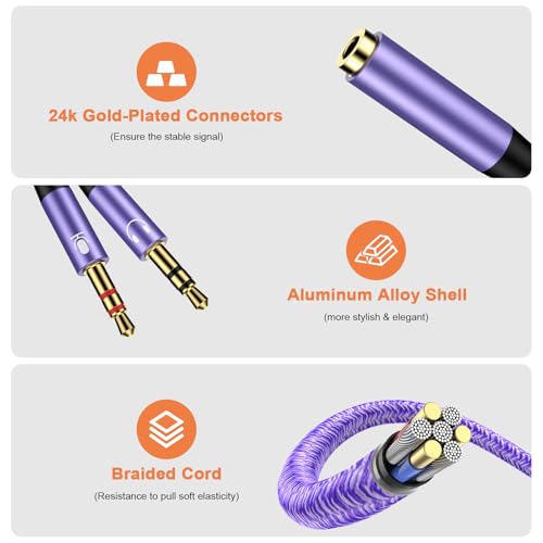 ABCPOW Headphone Mic Splitter for Computer PC Laptop, 3.5mm Female to 2 Dual Male Microphone Y Splitter Cord Aux Splitter 1 in 2 Out Audio Stereo Jack Earphones Port Cord Gaming Headset Adapter