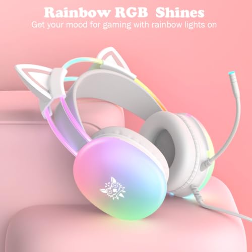 Cat Ear Gaming Headset with Microphone, RGB Rainbow Lighting, Surround Sound, 3.5mm Wired Over-Ear Headphones for PC/PS4/PS5/Switch/Laptop, Lightweight and Adjustable Headband - color: White Cat Ears