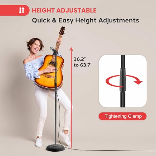 Pyle Adjustable Height Microphone Stand, 36.2" - 63.7” Inches Universal Mic Holder, Compact Design, Sturdy and Lightweight, Ideal for Studio and Concerts, With Mic Clip, Rubber Base (Black) - style: Round Base Floor Mic Stand