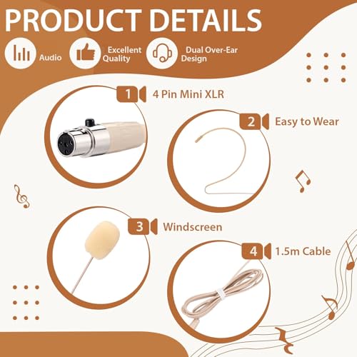 Sabary 5 Pcs Headset Microphone Dual Headworn Earset Over Ear Hanging with 4 Pin XLR 5ft Cable Compatible with Wireless System Bodypack Transmitter for Lectures Live Performance Theater(Beige)