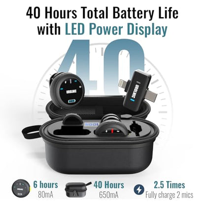 Wireless Lavalier Microphone for iPhone and Android | Leather charging case with integrated charging, 40H battery life, 55M transmission and noise reduction for vlog and streaming
