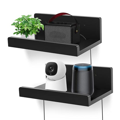 Floating Wall Shelves Set of 2, 12-Inch Solid Wood Shelves with Cable Holes, Small Display Shelf for Router, Webcam, Smart Speaker, Camera – Black - color: Black, size: 12 Inch-2 Pcs