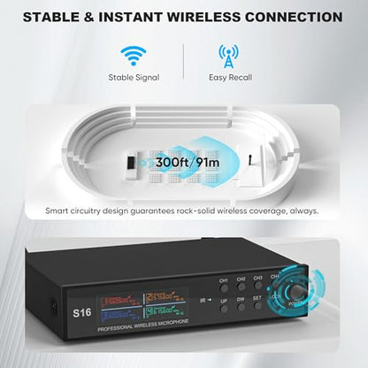 Lapel Wireless Microphone System with Headset & Lavalier Mics, Pro 4 Channel UHF Mics Set with Bodypack Transmitter & Metal Receiver, 200 Adjustable Frequency, 300ft Range for Church, Party - size: 4 Channel