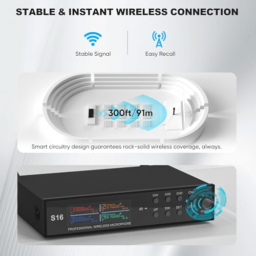 Wireless Microphone System, Pro 4 Channel UHF Mics Set with Metal Cordless Handheld Mics & Receiver, 200 Adjustable Frequency, 300ft Range for Singing, Church, Karaoke, Party - size: 4 Mics