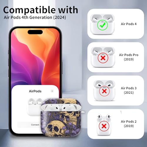 Compatible with AirPods 4th Generation Case 2024, Shockproof Cover with Golden Buckle for Women & Girls, Protective Anti-Drop Design(Cute Purple Skull) - color: Cute purple Skull