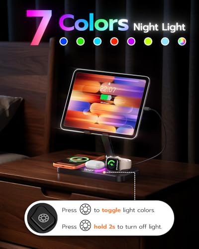 45W 6 in 1 Charging Station for Apple Multiple Devices with Clock & Light, 20W Fast Foldable Wired Charging Stand for iPad/Tab, Wireless Charger Design for MagSafe Charger for iPhone 17/iWatch/Airpods