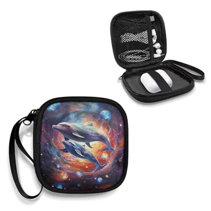 Dolphin Planet Universal Headphone Carrying Bag/Portable Soft Headphones Travel Bag/Headset Protection Pouch with A Smooth Zipper Hand Belt - color: Dolphin and Planet